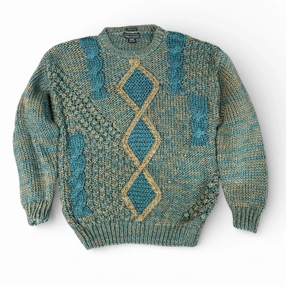 Peter England Vintage Cable Knit Sweater‎ Teal Tan Textured Diamond Medium